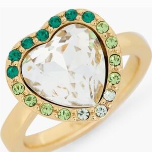 Gold Heart Ring with Clear Center Stone and Green Crystal Halo